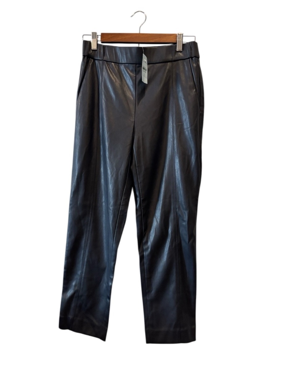 NWT Ann Taylor Navy Blue Faux Leather Tapered Pants Small Petite Pull On Career